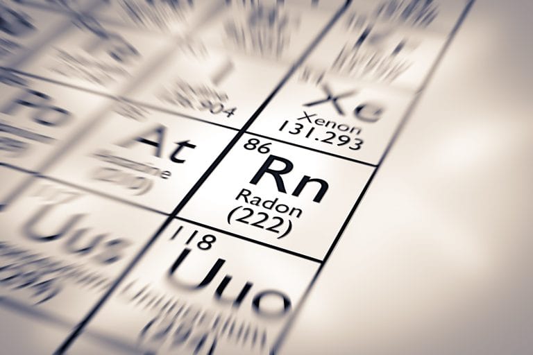 A close up of the Radon element on a Periodic Table.